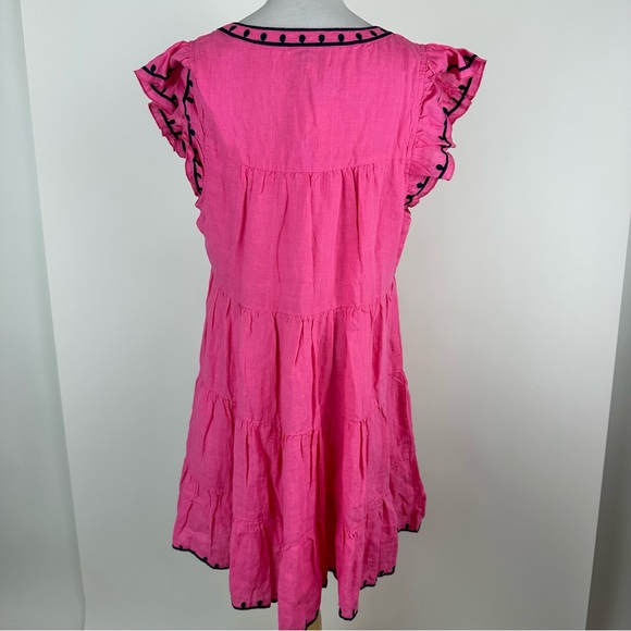 Navy Bleu Eloise Pink Embroidered Linen Flutter Sleeve Dress Size Large - Picture 11 of 14